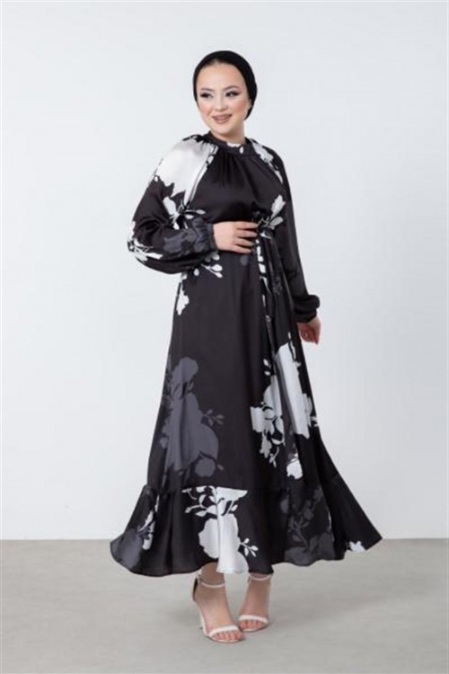 Çiçek Desenli Saten Elbise Siyah