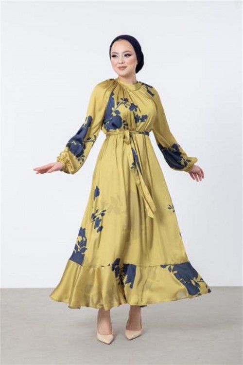 Çiçek Desenli Saten Elbise Yağ Yeşili