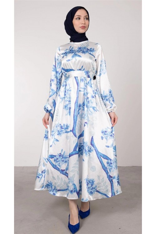 Çiçek Desenli Saten Tesettür Elbise Mavi