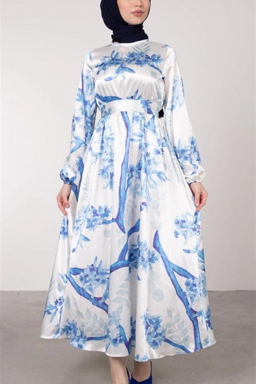 Çiçek Desenli Saten Tesettür Elbise Mavi