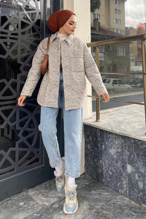 Çiçekli Kapitonelı Mont Krem