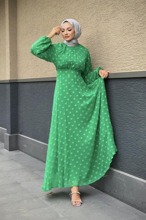 Çiçel İşlemeli Beli Kemerli Elbise Yeşil