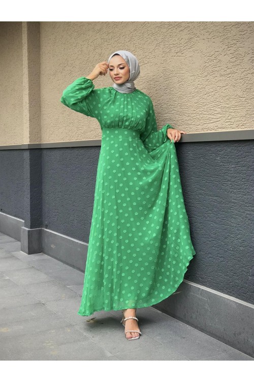 Çiçel İşlemeli Beli Kemerli Elbise Yeşil