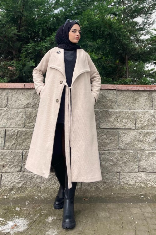 Çizgili Bronşlu Kaşe Kaban Bej