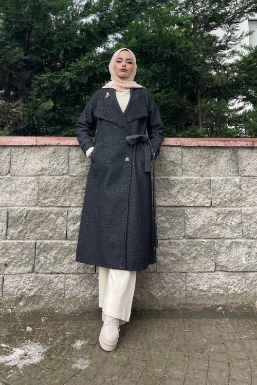 Çizgili Bronşlu Kaşe Kaban Füme