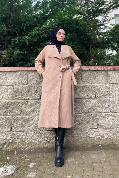 Çizgili Bronşlu Kaşe Kaban SütlüKahve