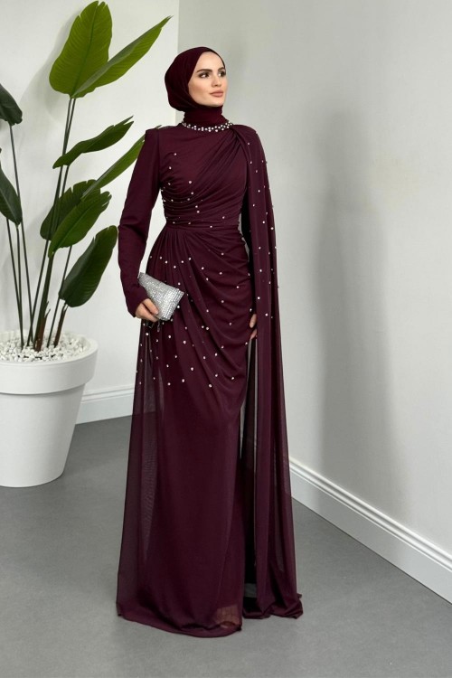 Clair Zımba Taşlı Tül Abiye Mürdüm