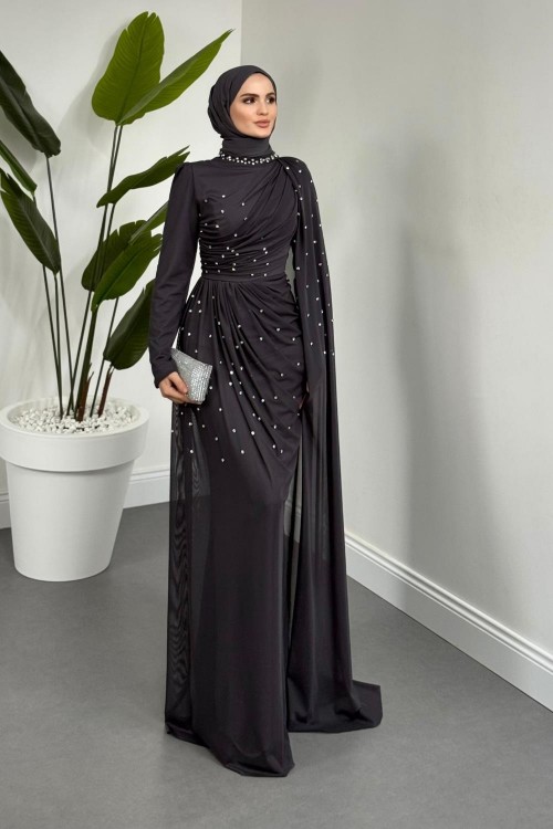 Clair Zımba Taşlı Tül Abiye Füme