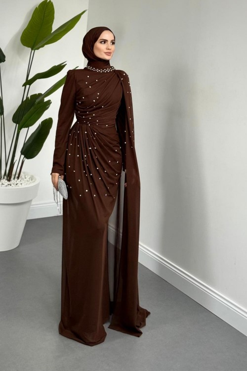 Clair Zımba Taşlı Tül Abiye Kahverengi