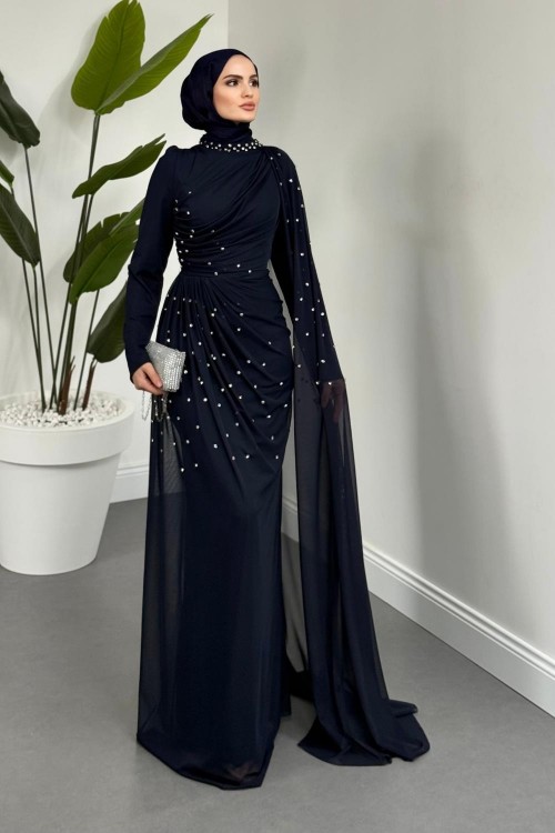 Clair Zımba Taşlı Tül Abiye Lacivert