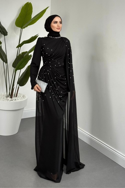 Clair Zımba Taşlı Tül Abiye Siyah