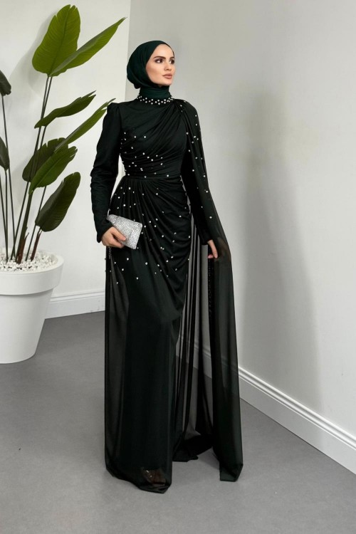 Clair Zımba Taşlı Tül Abiye Zümrüt