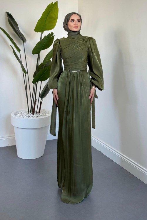 Cleane Beli Taşlı Ja Jan Abiye Haki