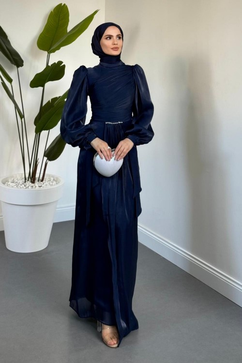 Cleane Beli Taşlı Ja Jan Abiye Lacivert