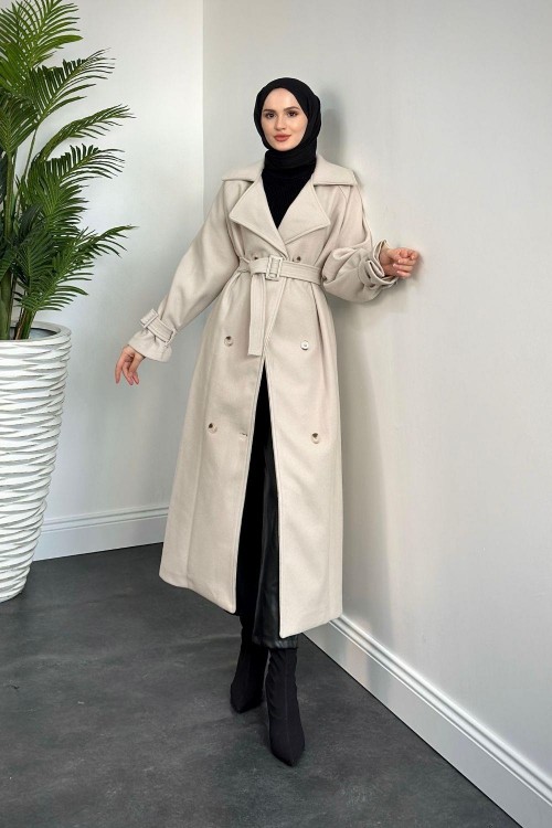 Clover Oversize Astarlı Kaşe Kaban Krem