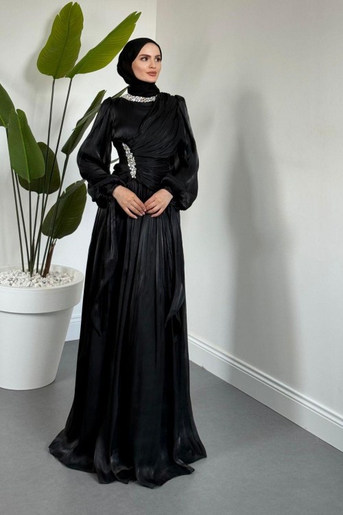 Corlie Beli Taşlı Drapeli Jan Jan Abiye Siyah