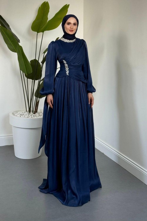 Corlie Beli Taşlı Drapeli Jan Jan Abiye Lacivert