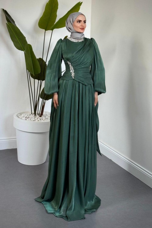 Corlie Beli Taşlı Drapeli Jan Jan Abiye Yeşil