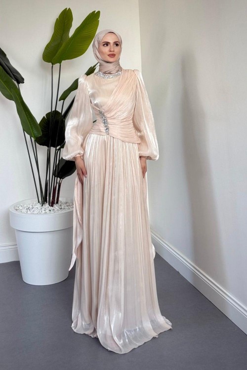 Corlie Beli Taşlı Drapeli Jan Jan Abiye Bej