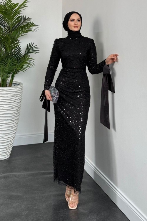 Damara Pullu Kalem Abiye Siyah