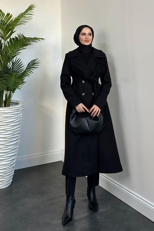 Darell Astarlı Düğmeli Kaban Siyah