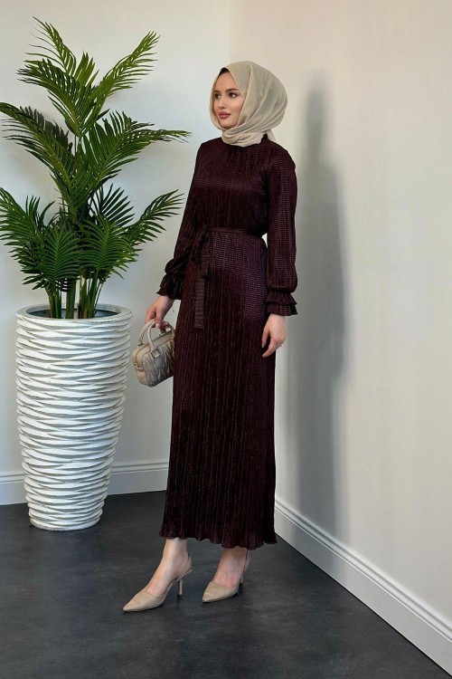 Daria Astarlı Kolları Fırfır Elbise Kahverengi