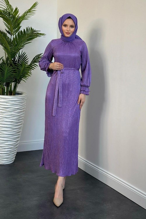 Daria Astarlı Kolları Fırfır Elbise Lila
