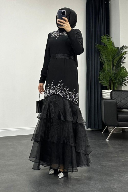 Davina Taşlı Eteği Tül Detaylı Abiye Siyah