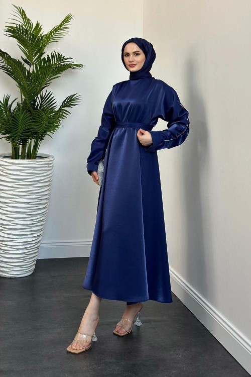 Defne Kolları Taşlı Elbise Lacivert