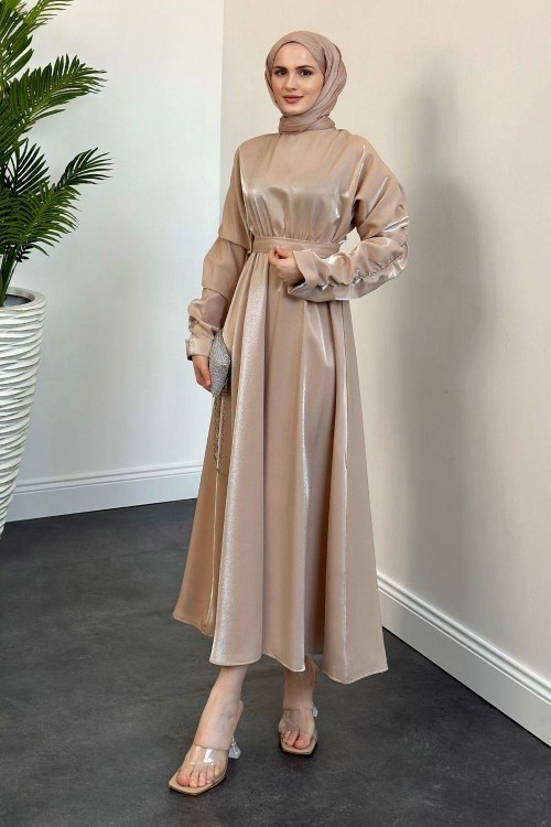 Defne Kolları Taşlı Elbise Vizon