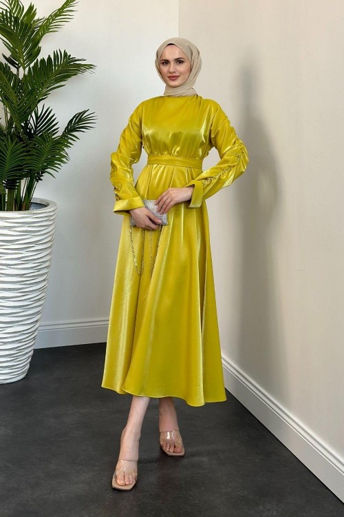 Defne Kolları Taşlı Elbise Yağ Yeşili