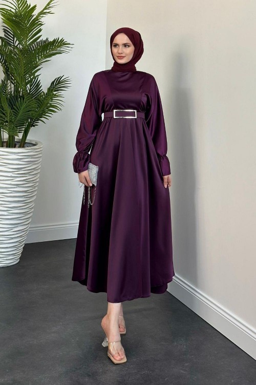 Della Kemerli Saten Elbise Mürdüm