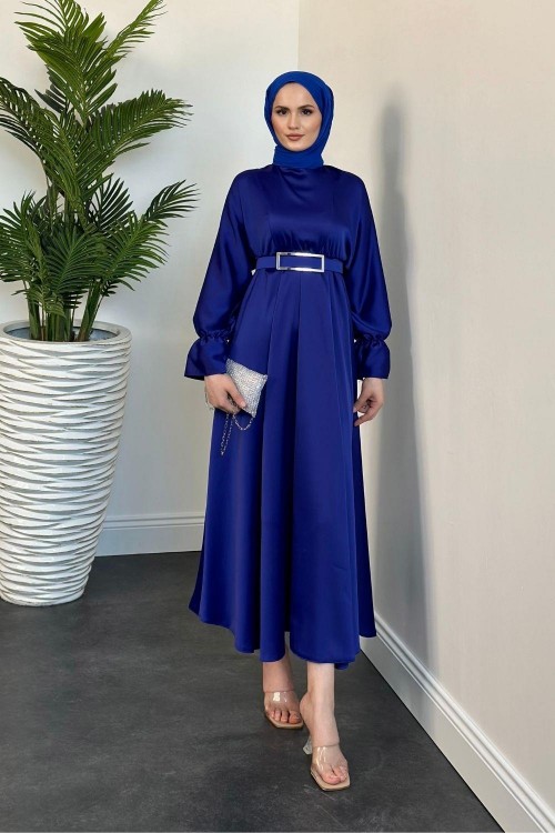 Della Kemerli Saten Elbise Saks