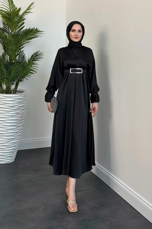 Della Kemerli Saten Elbise Siyah