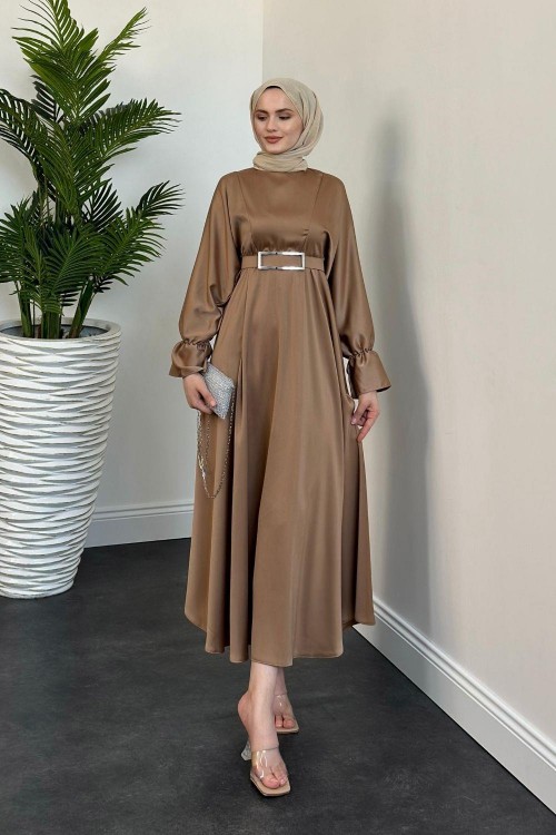 Della Kemerli Saten Elbise Vizon