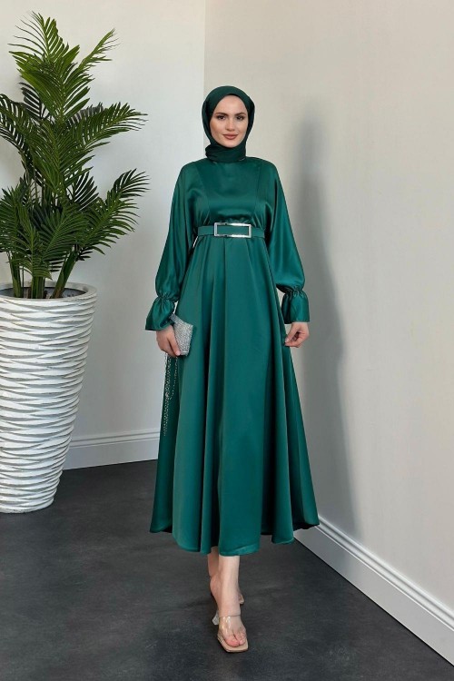 Della Kemerli Saten Elbise Yeşil