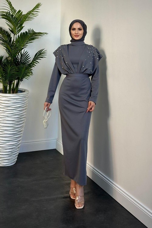 Delmare İnci Pelerinli Abiye Füme