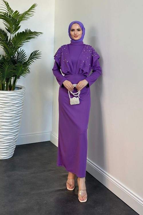 Delmare İnci Pelerinli Abiye Lila