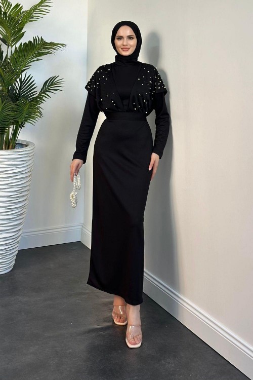 Delmare İnci Pelerinli Abiye Siyah