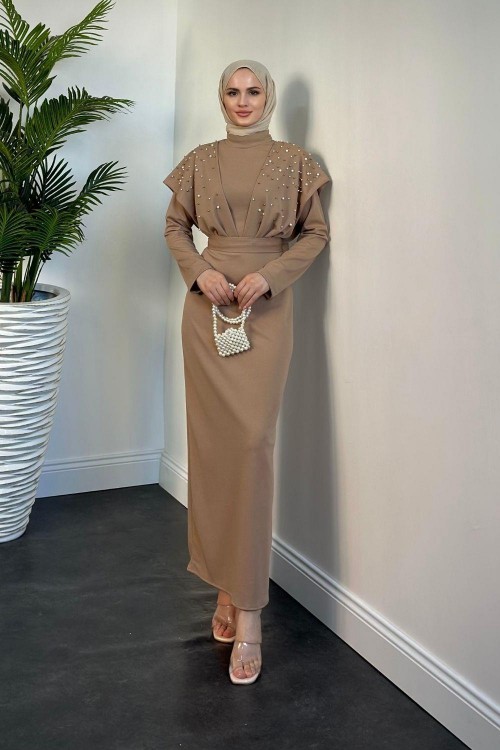 Delmare İnci Pelerinli Abiye Vizon