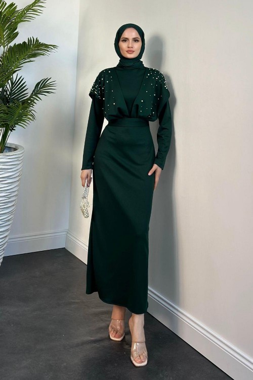 Delmare İnci Pelerinli Abiye Zümrüt