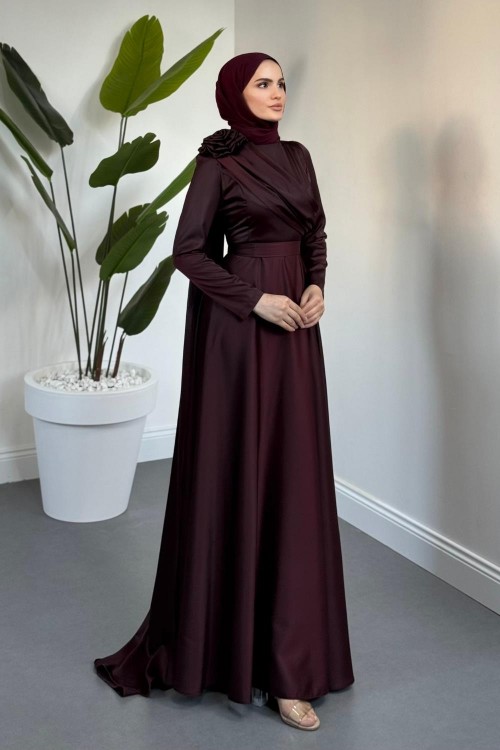 Deravine Omzu Güllü Saten Abiye Mürdüm