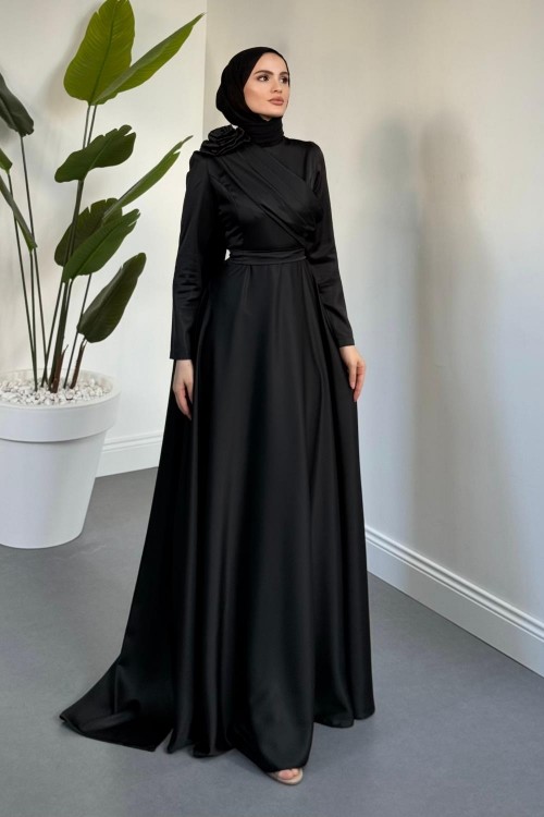 Deravine Omzu Güllü Saten Abiye Siyah