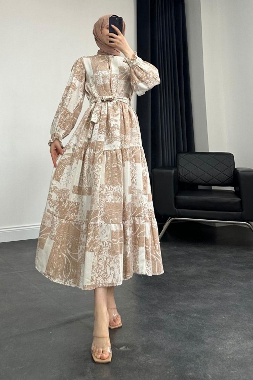 Desenli Keten Elbise Camel