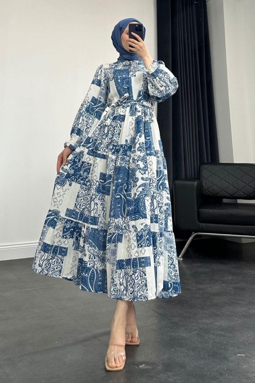 Desenli Keten Elbise İndigo