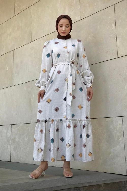 Desenli Keten Elbise Kahve