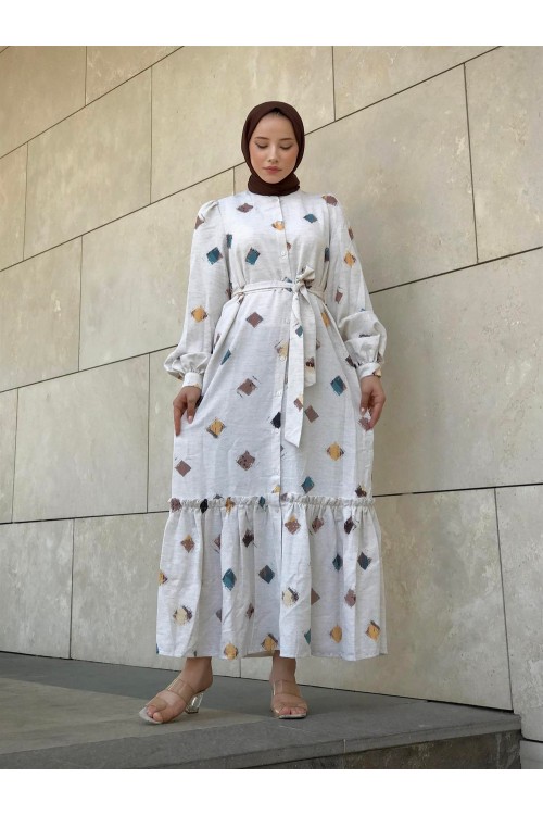 Desenli Keten Elbise Kahve