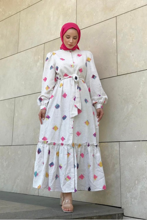 Desenli Keten Elbise Lila