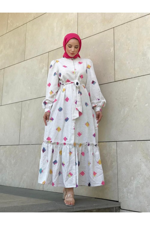 Desenli Keten Elbise Lila