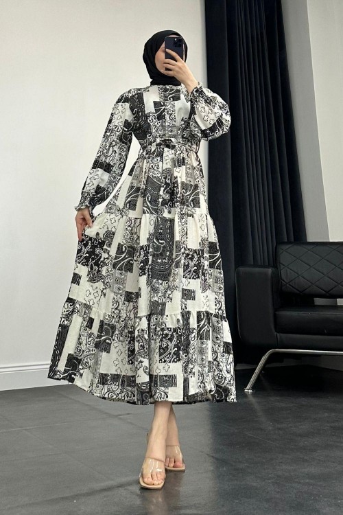 Desenli Keten Elbise Siyah